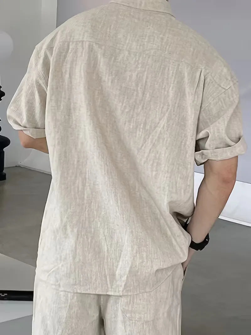 Stijlvol casual beige heren overhemd van linnen met korte mouwen, een must-have voor zomerse gelegenheden.