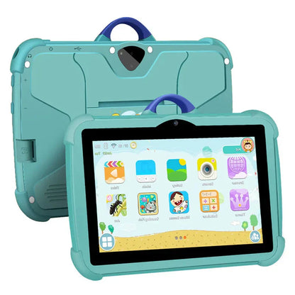 "7 inch blauwe kindertablet met 5G WiFi, 64GB opslag, stevig ontwerp, geschikt voor educatie en entertainment, zijaanzicht."