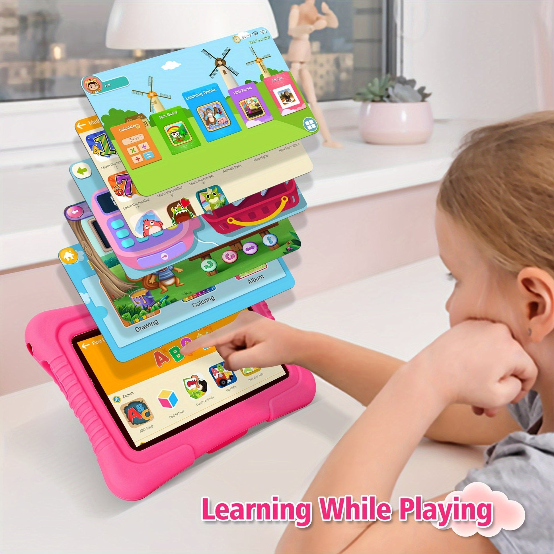 "7 inch kindertablet met oogbescherming, kleurrijk scherm en oudercontrole, ideaal voor kinderen, in siliconen hoes."