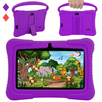 "7 inch kindertablet met oogbescherming, kleurrijk scherm en oudercontrole, ideaal voor kinderen, in siliconen hoes."