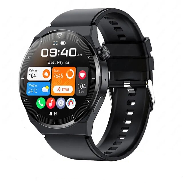 Close-up van het heldere scherm van de smartwatch, toont gezondheidsgegevens en tijd.