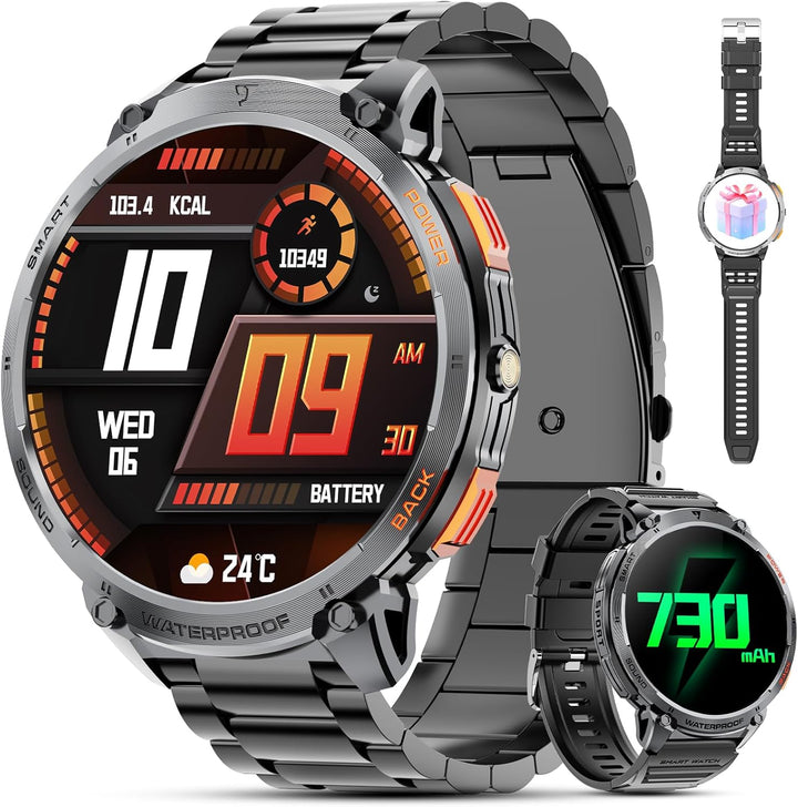 Militaire smartwatch heren met 1.85" HD scherm, ideaal voor buitensport en fitness tracking.
