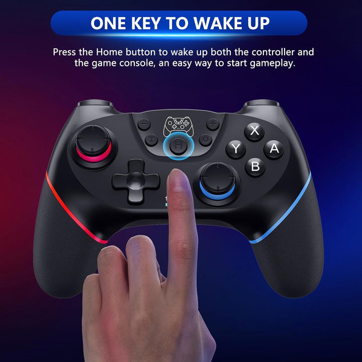 Compleet beeld van de Nexora draadloze Switch controller, met Hall Effect joysticks en alle functies.