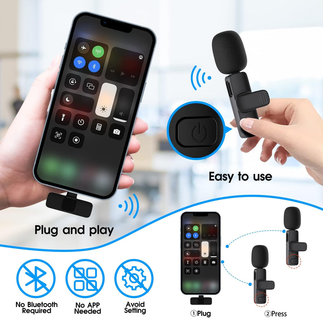 Twee draadloze microfoons voor iPhone/iPad; ideaal voor vloggen, podcasten en live streamen.