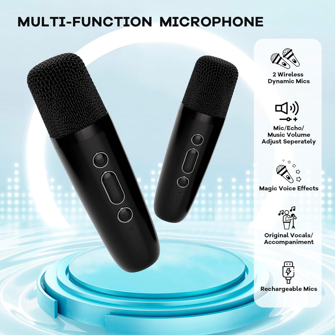 Krachtige sound uit deze draagbare Bluetooth karaoke machine met twee draadloze mics.