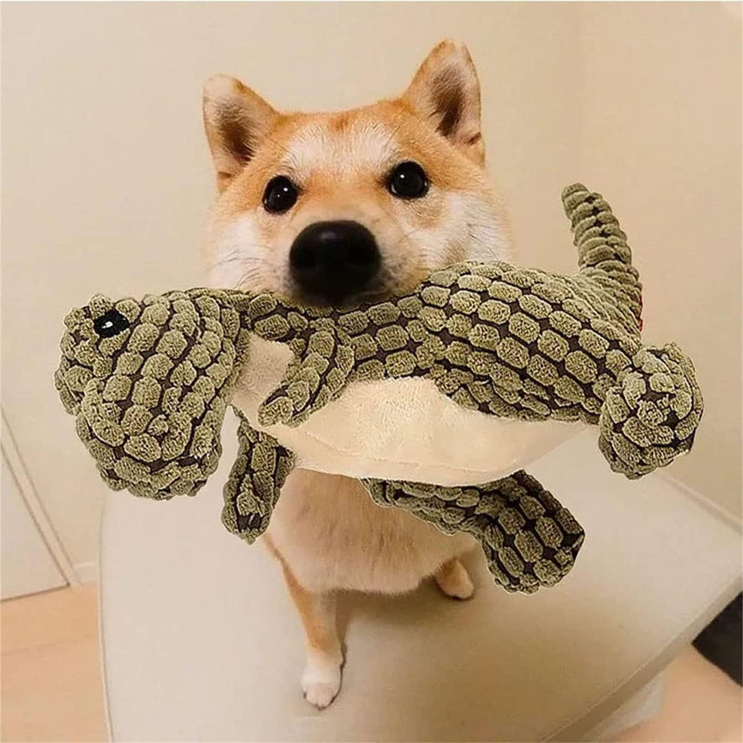 Vrolijk dinosaurus hondenspeeltje, gemaakt voor veilig en langdurig speelplezier van je hond.