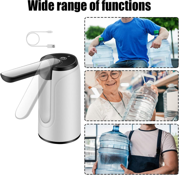 Moderne draagbare waterdispenser met slang, geschikt voor diverse waterflessen, zwart design.