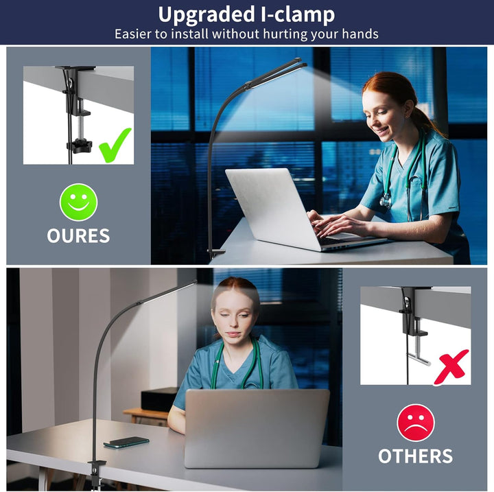 Elegante klem bureaulamp met 70cm flexibele arm in actie, verlicht een werkblad. Verstelbare, energiezuinige LED lamp.