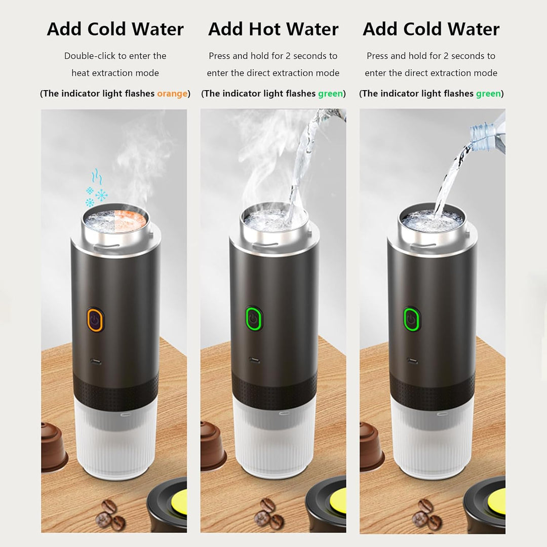 Compacte 3-in-1 Raverno espressomaker voor gemalen koffie en capsules, met alle accessoires getoond.