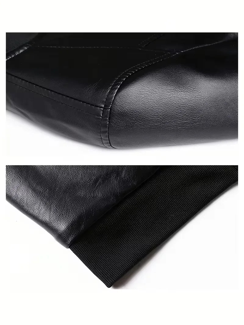 Zwart slim fit bomberjack voor heren, gemaakt van kwalitatief kunstleer, lange mouwen.