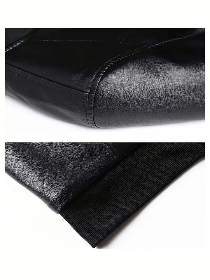 Zwart slim fit bomberjack voor heren, gemaakt van kwalitatief kunstleer, lange mouwen.