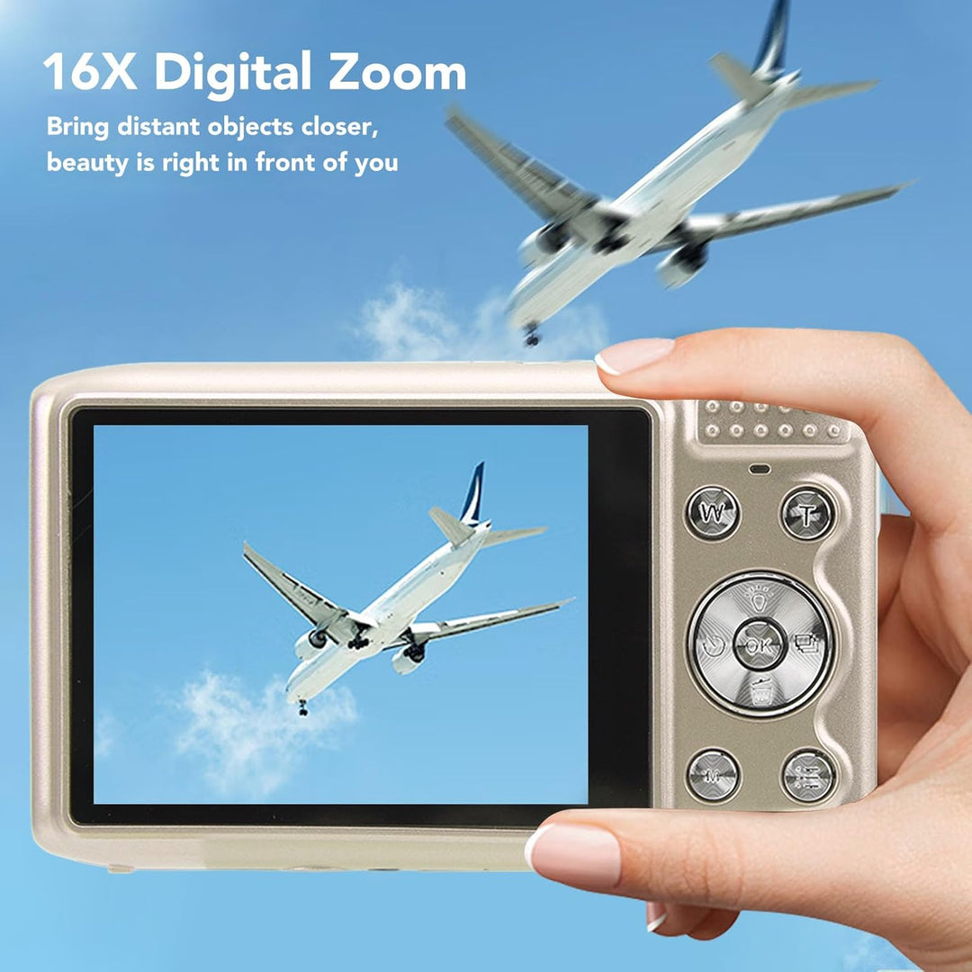 Witte Lumora 4K compact camera, maakt scherpe 58MP foto's met 16x optische zoom.