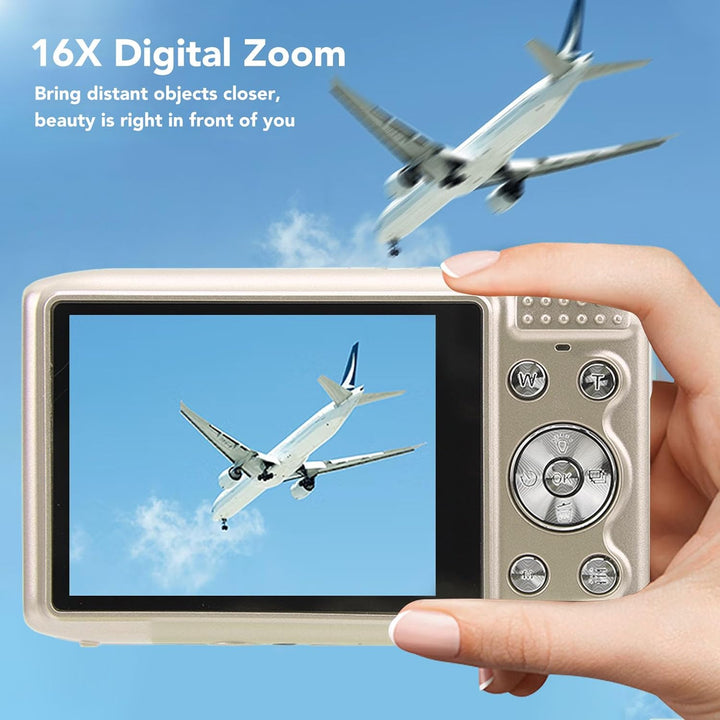 Witte Lumora 4K compact camera, maakt scherpe 58MP foto's met 16x optische zoom.