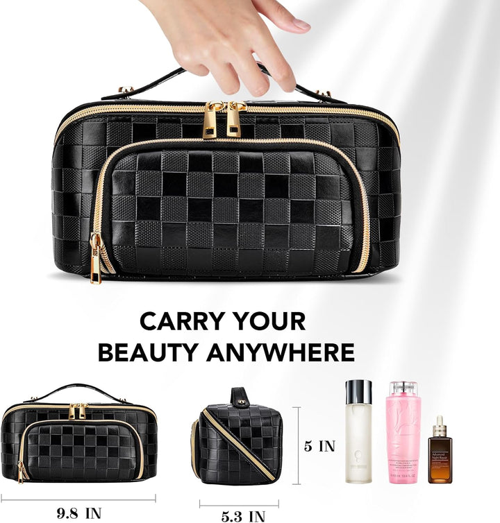 Detail van de stevige rits op een waterdichte PU leren dames make-up reistas.
