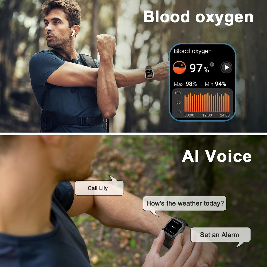 Heren militaire smartwatch met belfunctie en fitness tracking, robuust en waterdicht voor outdoor gebruik.