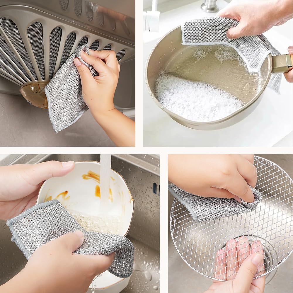 Draadreinigingsdoek in gebruik, verwijdert moeiteloos vlekken op aanrecht en kookplaat. Essentieel voor keukenreiniging.