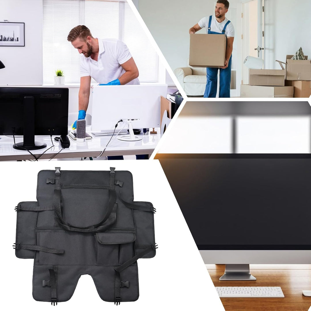 Compacte grijs-zwarte monitorhoes met zachte binnenkant, perfect voor onderweg en thuis.