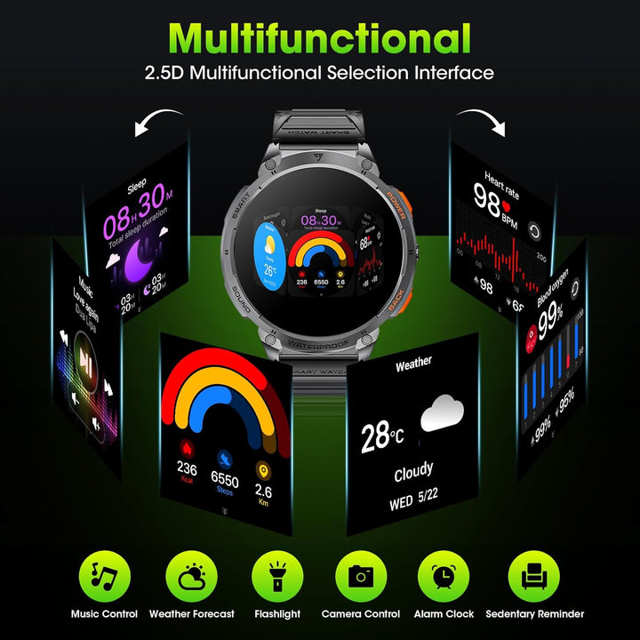 Robuuste heren smartwatch met militair design, perfect voor outdoor liefhebbers en actieve mannen.