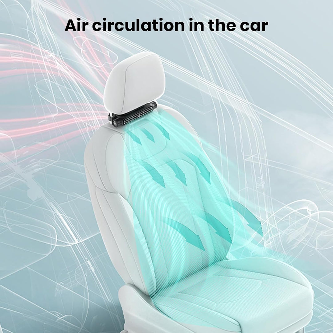 Bladvrije USB auto ventilator met 3 snelheden, eenvoudig aan hoofdsteun te bevestigen voor optimale ventilatie.