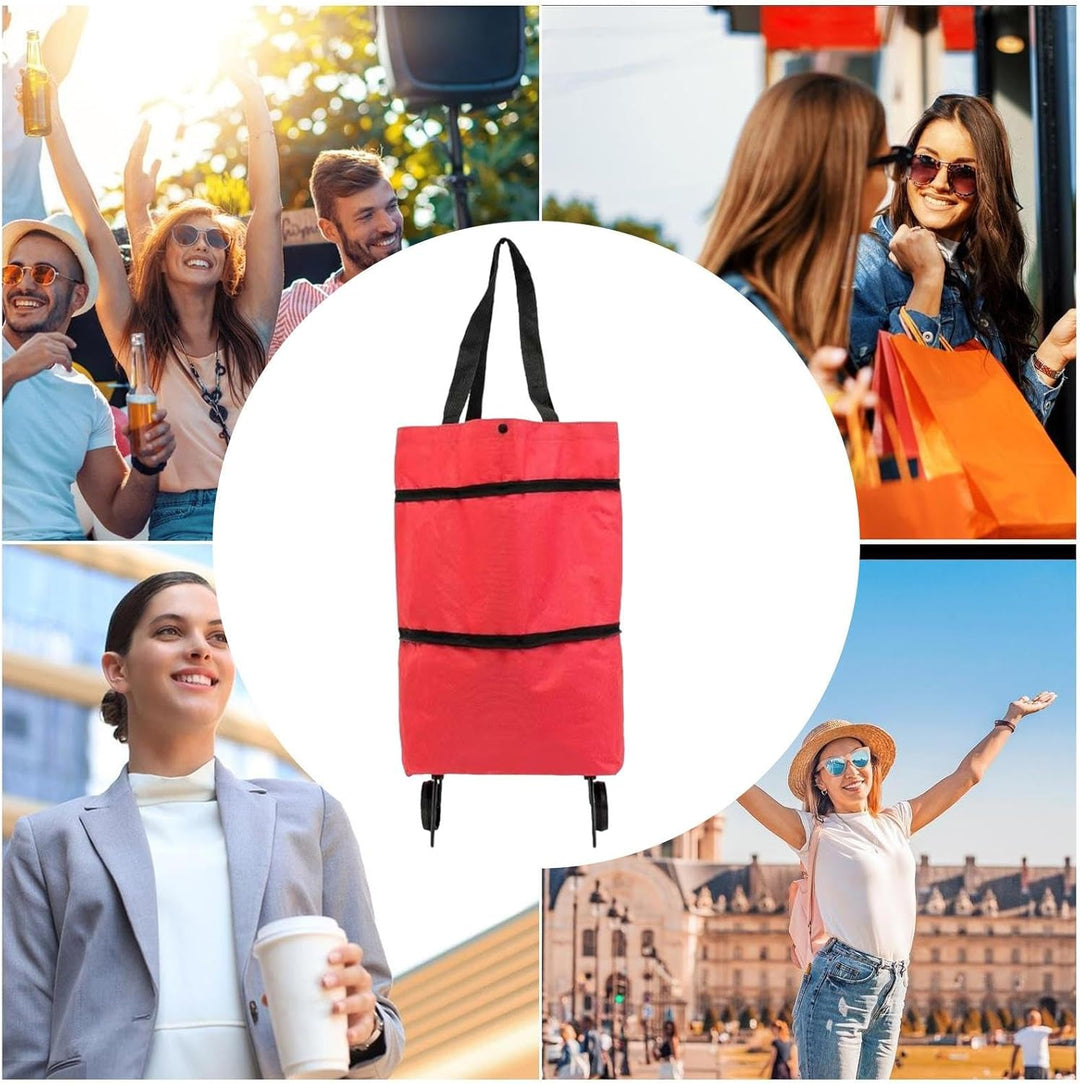 Grote opvouwbare tas met wielen, perfect voor boodschappen en eenvoudig op te bergen.