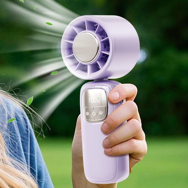 Strakke opvouwbare handventilator met 100 snelheden. Geavanceerde koeling via LED-scherm.
