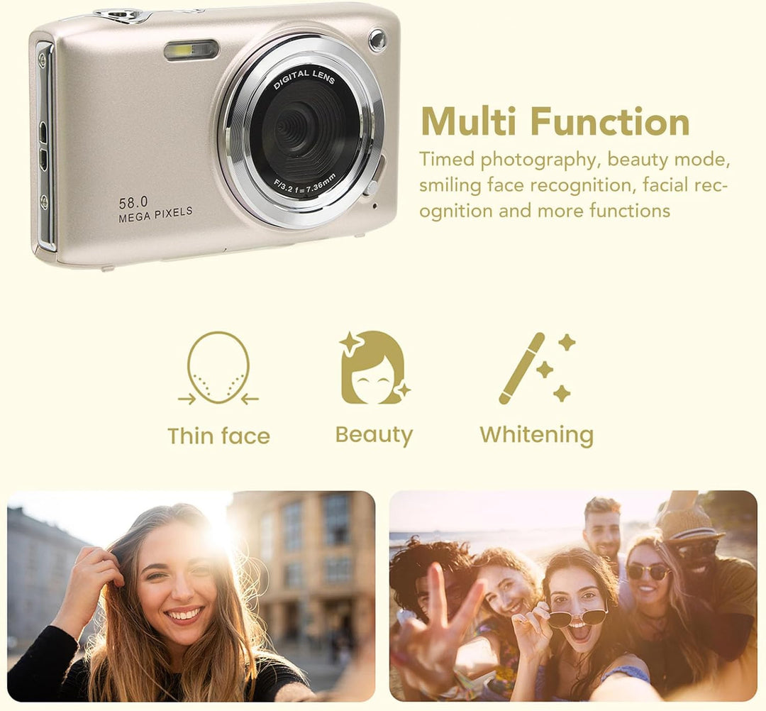 Gouden Lumora compactcamera met 4K video, 58MP foto's en krachtige 16x zoom.