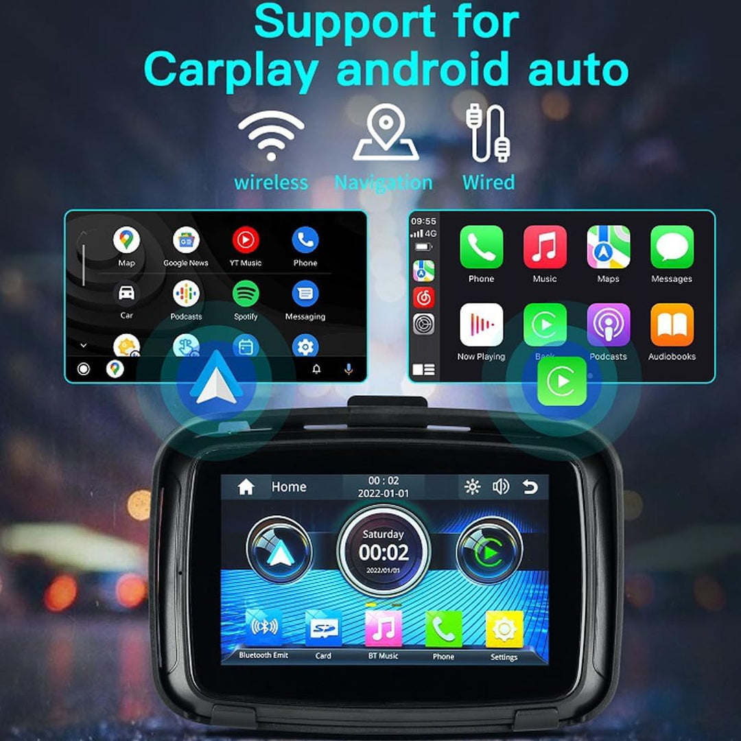 Helder 5" IPS motormonitor met touchscreen voor veilige navigatie en connectiviteit tijdens het motorrijden.