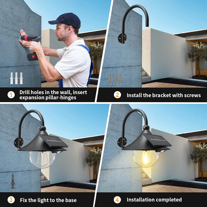 Slimme zonnewandlampen (set van 2) gemonteerd op een schuur. Gooseneck design met bewegingssensor voor buiten.