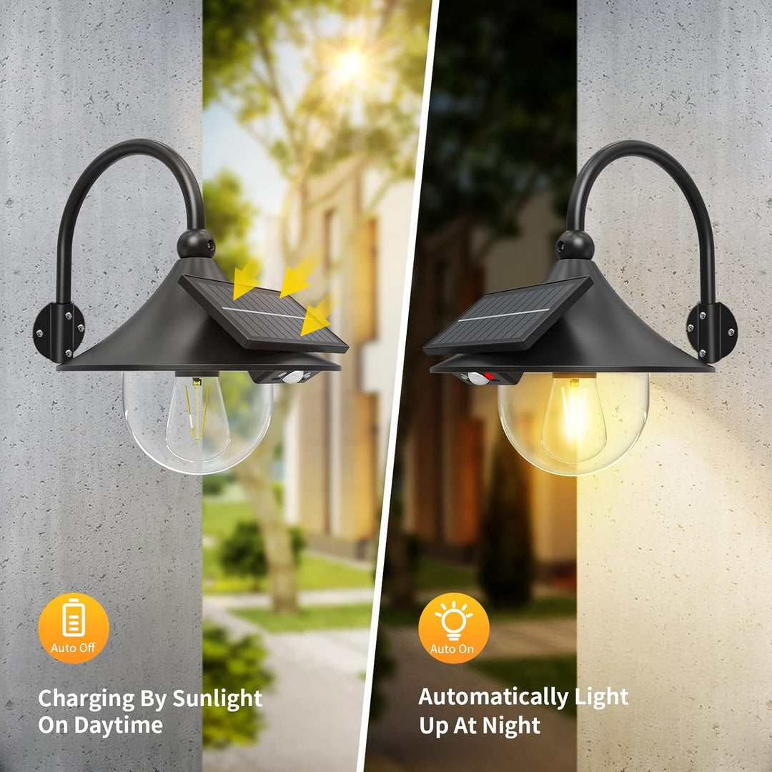 Energiezuinige led zonnewandlampen (set van 2) met gooseneck en bewegingssensor. Duurzame buitenverlichting.