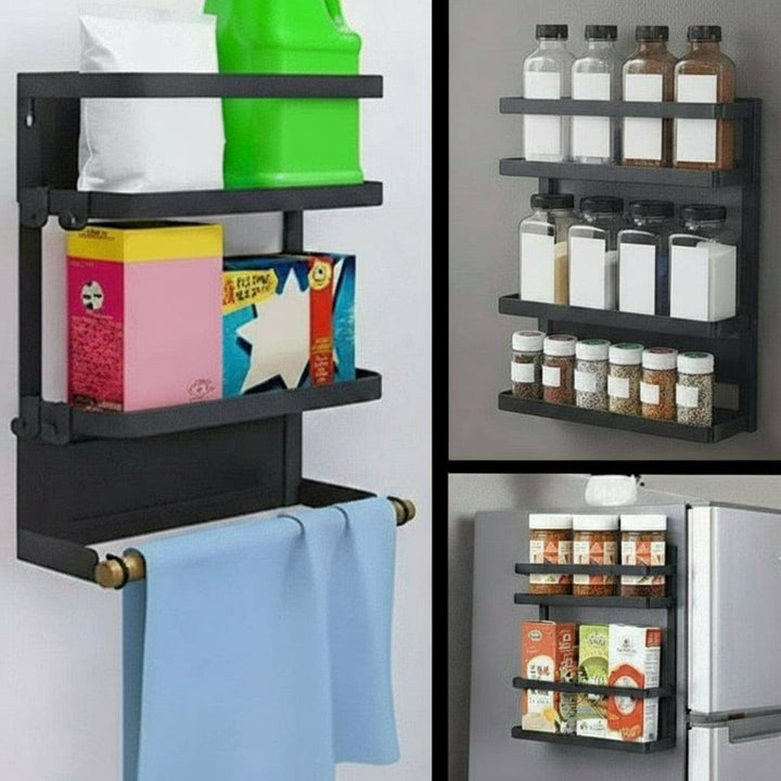 Oryden magnetisch wandrek: multifunctioneel kruidenrek en keukenpapierhouder. Zwart design, ideaal voor keukenorganisatie.