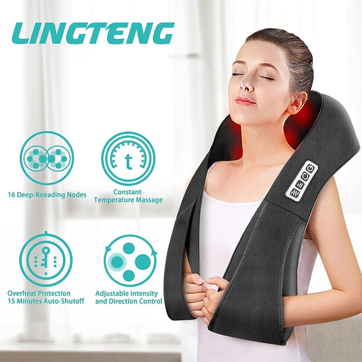 Zwart Shiatsu massagekussen FlowRelief met infrarood warmte voor diepe spierontspanning in nek, rug en schouders.