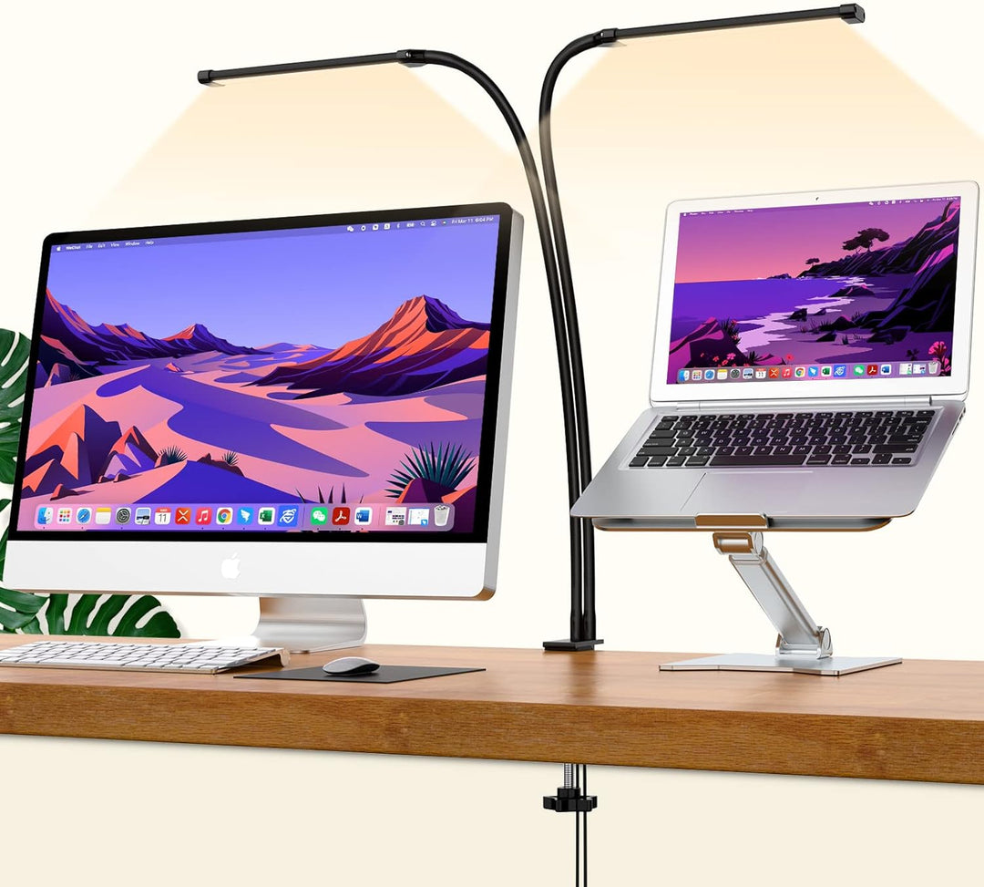Moderne 77 LED studielamp met klem en flexibele hals op een strak bureau. Perfect voor thuiskantoor verlichting.