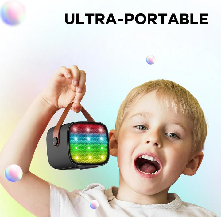 Veylo mini entertainment systeem; draagbare karaoke machine met Bluetooth en draadloze microfoons.