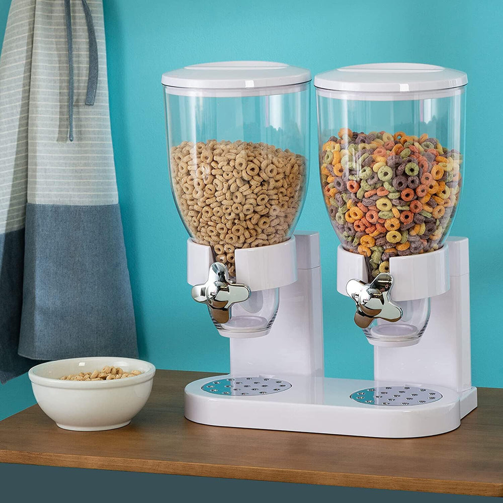 PortionMate dubbele ontbijtgranen dispenser; hygiënische opslag voor ontbijtgranen en snacks.