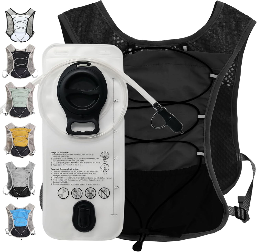 Multifunctioneel sportvest voor marathons, trailruns en wandeltochten, met 2L reservoir.