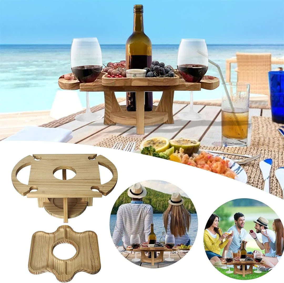 Houten 2-in-1 picknicktafelrek voor buiten, compact en draagbaar voor wijn en fruit.