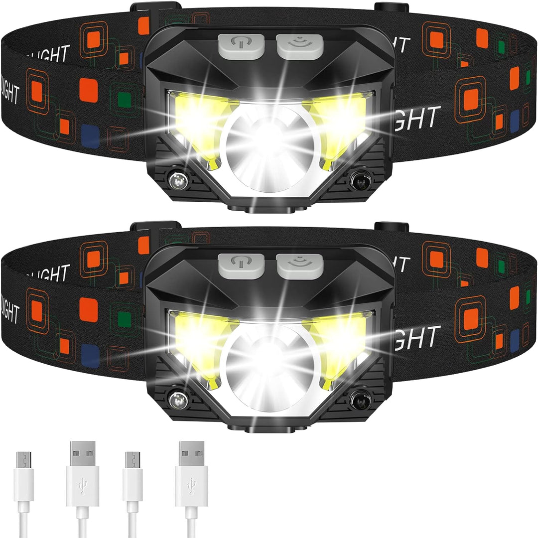 2-pack ultraheldere oplaadbare LED hoofdlampen met bewegingssensor. Ideaal voor handsfree verlichting buiten.