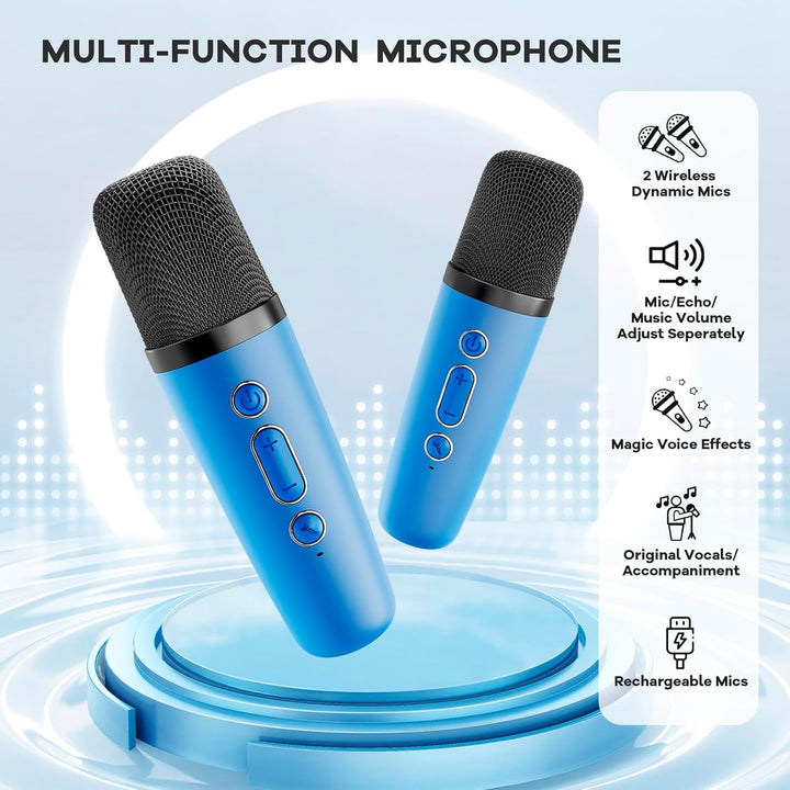 Muziek en zingen met deze mini Bluetooth karaoke set, compleet met twee draadloze mics.