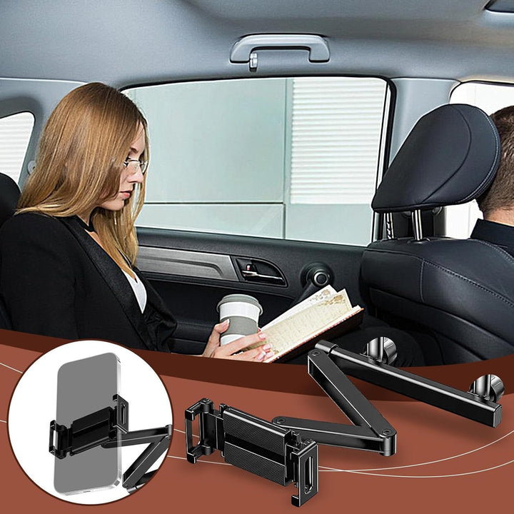 Autoaccessoire: verstelbare tablet en telefoon houder voor de achterbank. Bevestiging aan hoofdsteun, 360° draaibaar.