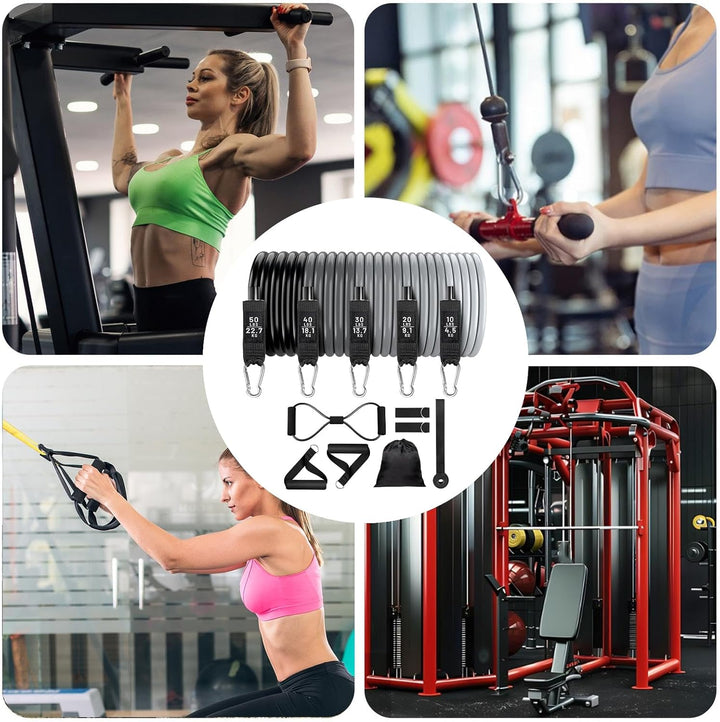 Compacte en draagbare Veltrix weerstandsbanden set, perfect voor fitness, training en krachttraining onderweg.