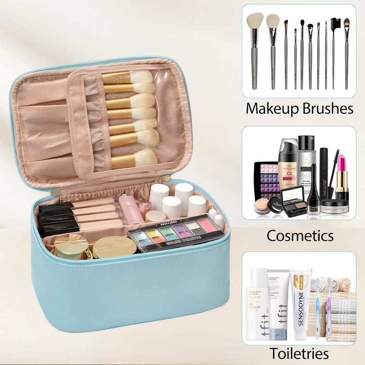 Reisvriendelijke make-up organizer met verstelbare verdelers, ideaal voor cosmetica opbergen.