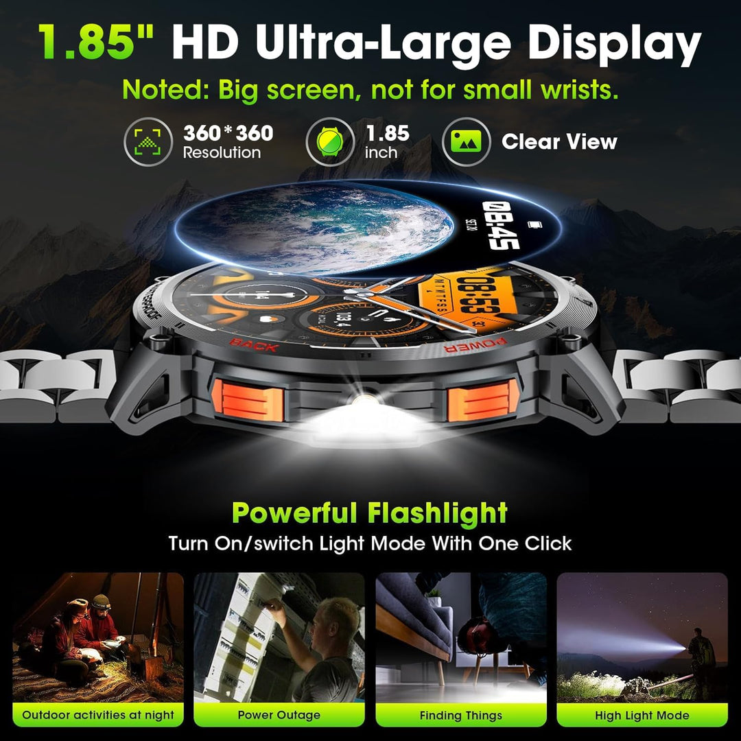 Duurzame militaire smartwatch heren met groot 1.85" HD scherm en schokbestendig design.