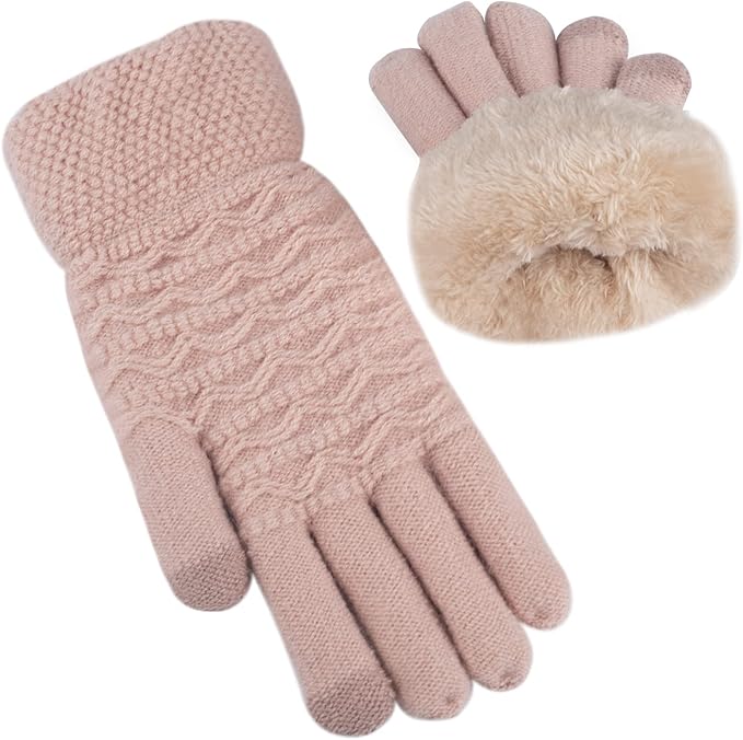 Detail van gebreide dameshandschoen, touchscreen compatibel, met warme fleece voering voor winter.