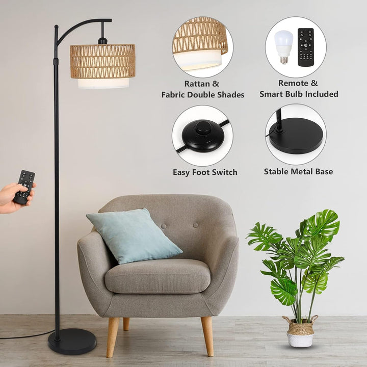 Elegante boogvloerlamp Norvella met afstandsbediening, LED licht en dimfunctie. Geschikt voor elke woonkamer.