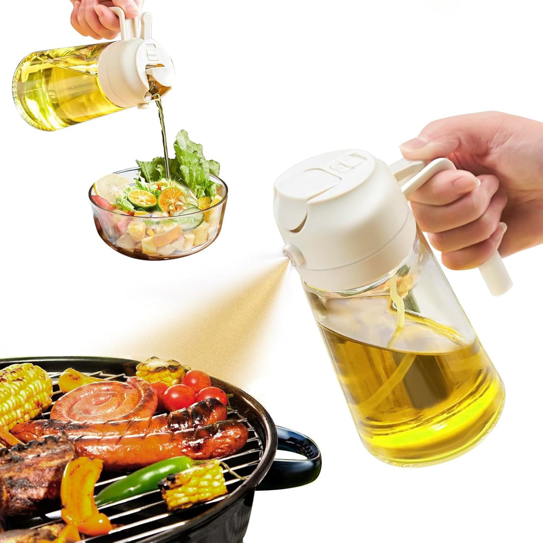 Premium glazen fles 2-in-1 oliespray van 470ml, ideaal voor gezond koken en salades.