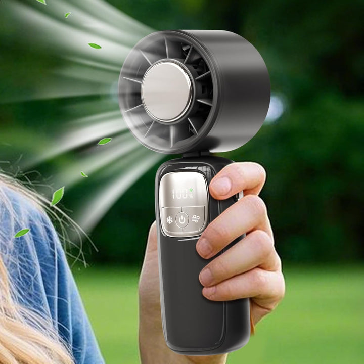 Handige draagbare ventilator, opvouwbaar voor gemak. LED-scherm toont 100 snelheden.