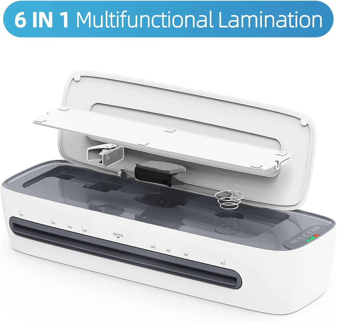 Essentiële documentbescherming: A3 laminator set met papiersnijder, perforator en bindapparaat.