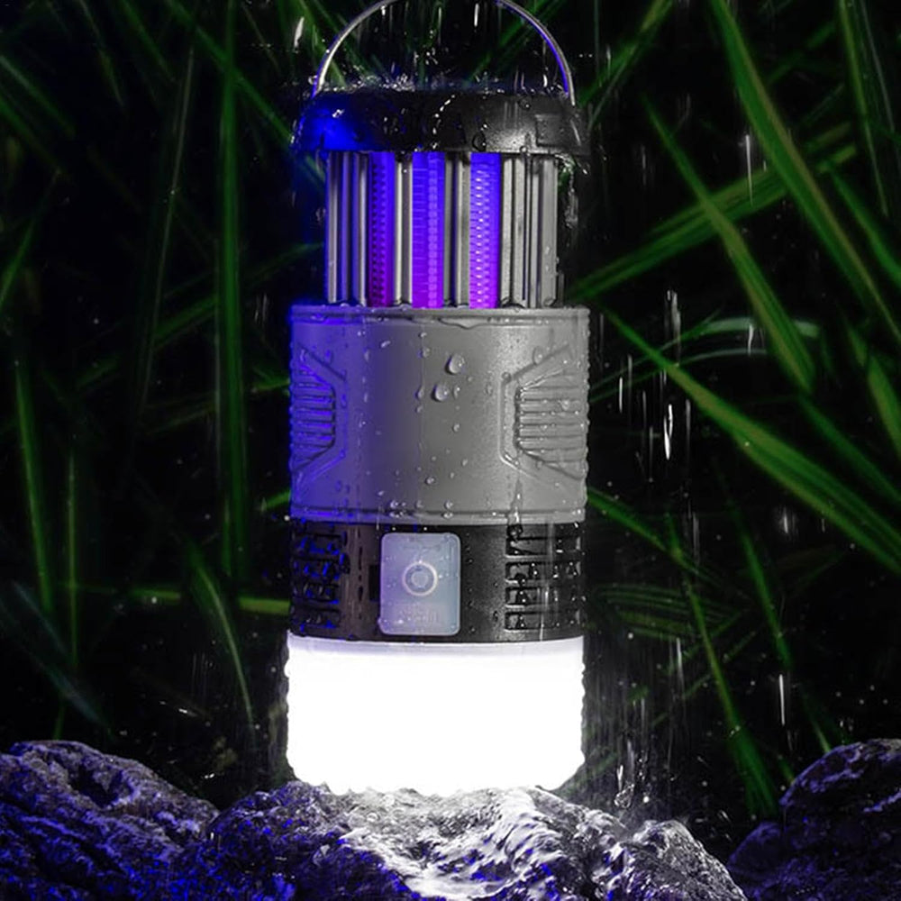 Compacte, oplaadbare vliegenval met zonne-energie en UV-lamp, ideaal voor tuin en camping.