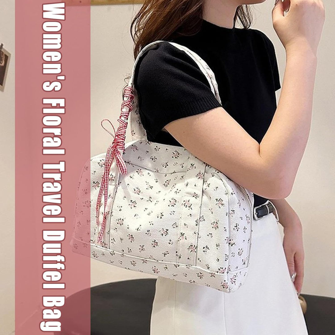 Roze canvas weekendtas voor dames, stijlvolle duffle bag met lint accent, veelzijdig.