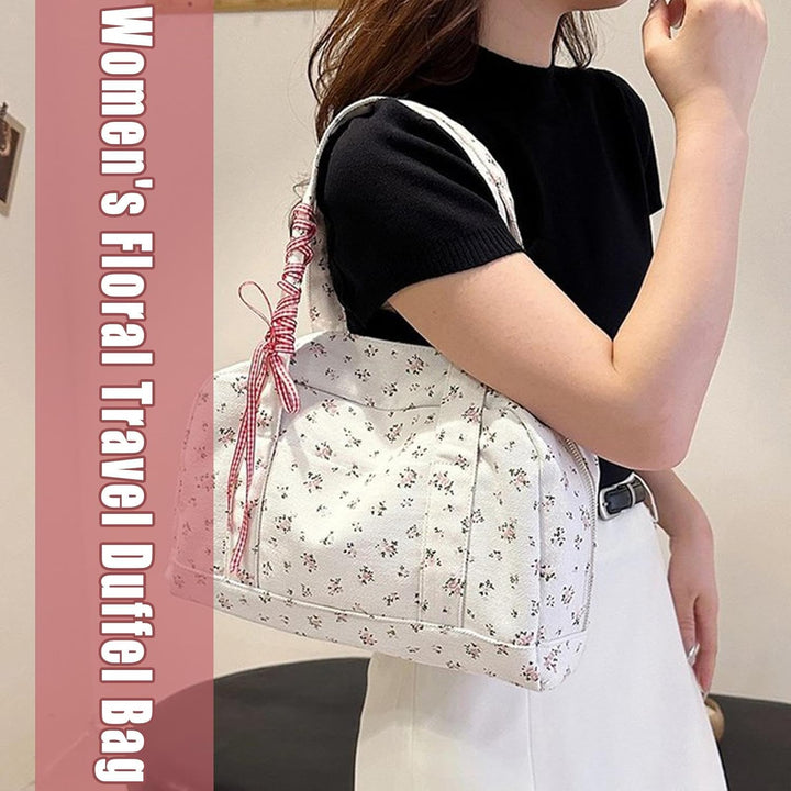 Roze canvas weekendtas voor dames, stijlvolle duffle bag met lint accent, veelzijdig.